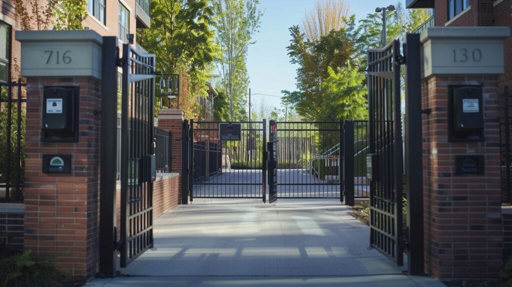 Apartment complex gate with digital security system including cameras and key code entry