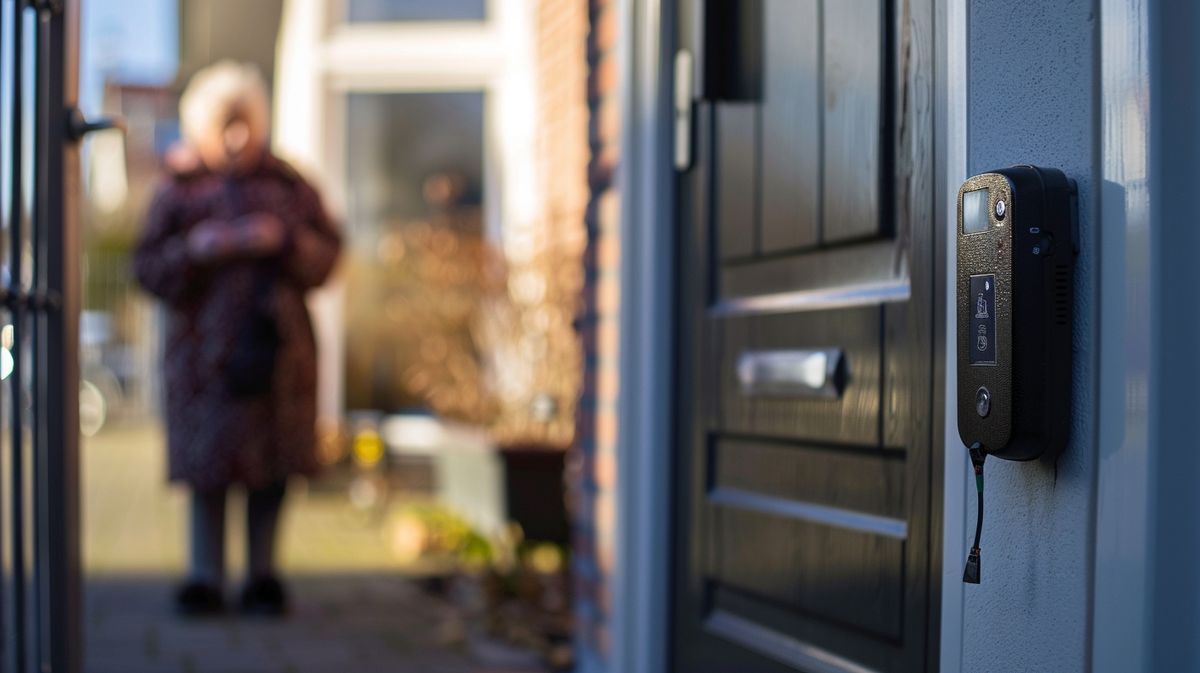 Elderly person looking confused near an open door with a door alarms for dementia patients system installed