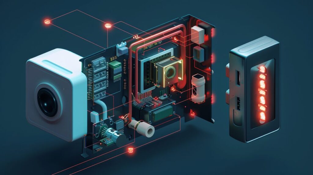 Illustration of a motion detector's internal components, featuring sensor and electronics on one side and an activated LED indicator on the other side