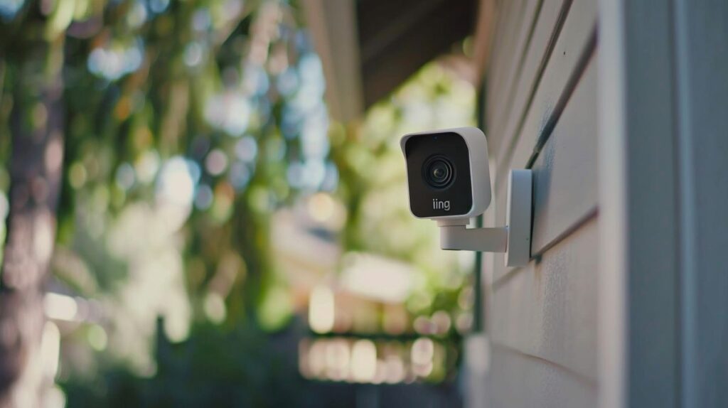 Ring security camera on home wall detecting motion with radiating signal as person walks by