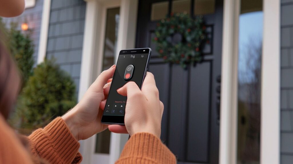 Person using a smartphone with the Ring Doorbell app to learn how to set up Ring Doorbell that is already installed, standing in front of a house door with the device installed