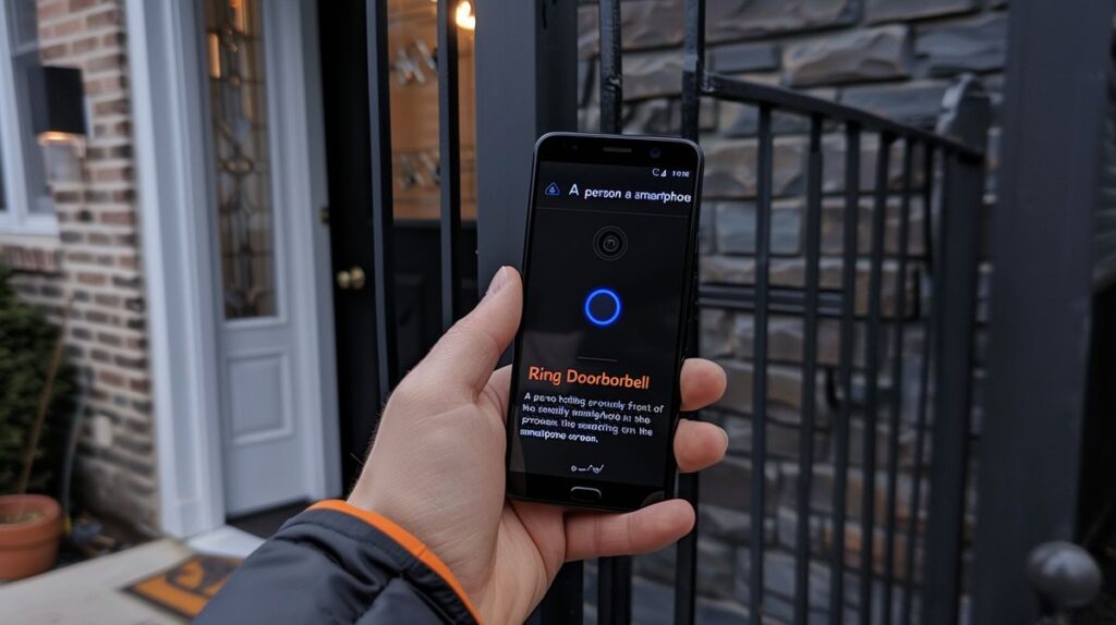 Person setting up a Ring Doorbell using a smartphone app, visible on the phone screen