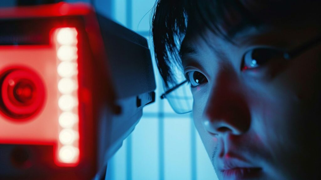 Person examining a security camera with a red light to determine how to tell if a security camera is recording you