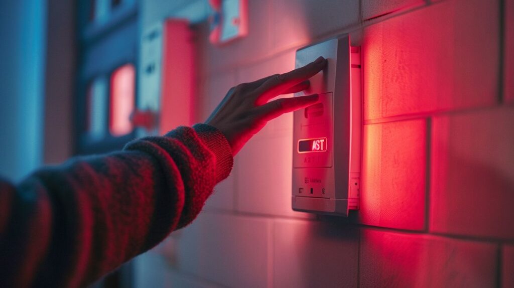 Person deactivating an ADT alarm system by pressing a button on the panel, demonstrating how to turn off ADT alarm with red indicator light visible