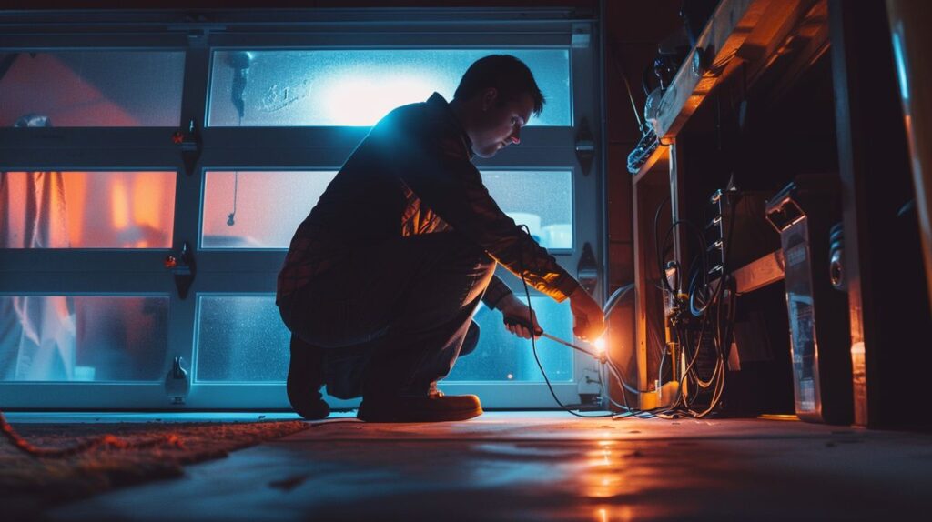 Man kneeling and adjusting garage door sensor with screwdriver, brightly lit environment, conveying curiosity and determination