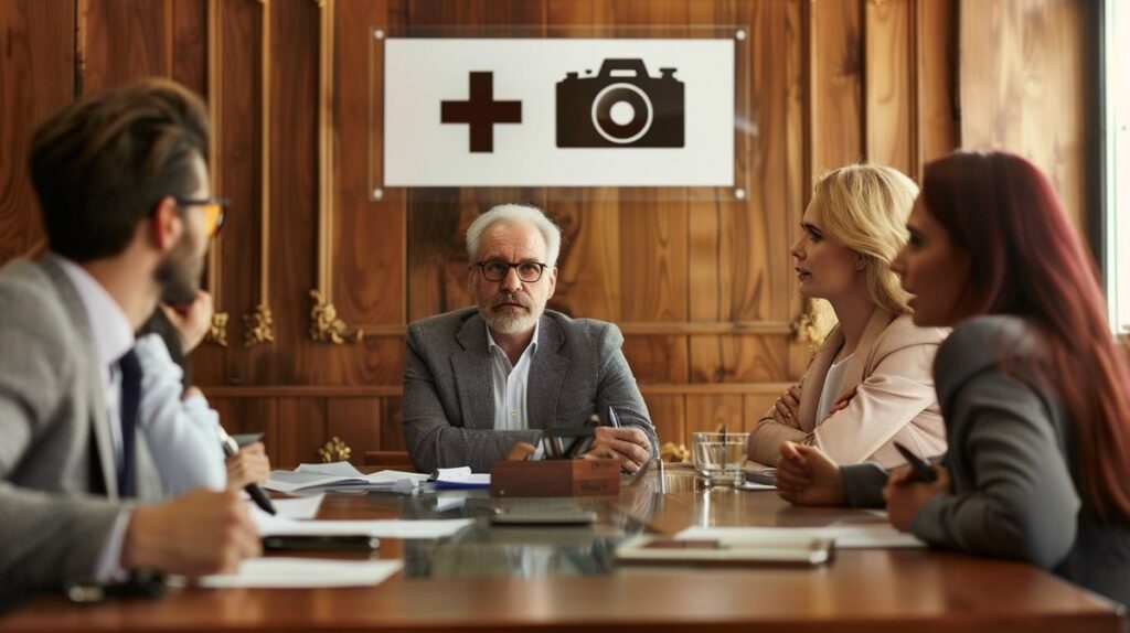 Lawyers discussing in an office with signs prohibiting cameras and bathroom access