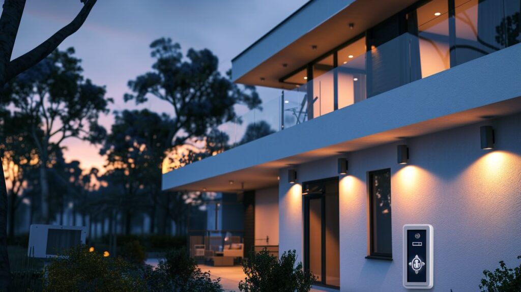 Modern house with security features including surveillance cameras, digital lock, and alarm system, illustrating How Is Having a Security System for Your Home a Risk Management Strategy?