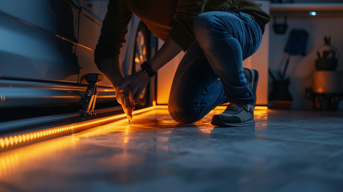 Person kneeling to repair garage door sensor glowing with orange light, demonstrating how to fix orange light on garage door sensor