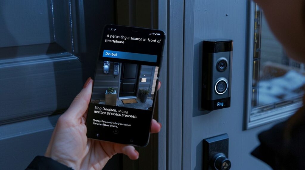 Person setting up Ring Doorbell using a smartphone app, displaying the installation steps on phone screen