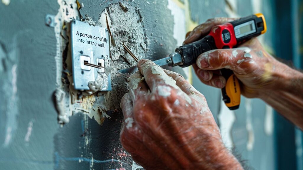 Person installing security camera wires through a wall