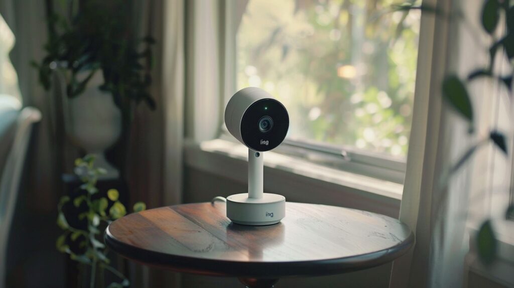 Ring security camera in a home setting with a distant WiFi router indicating weak connection