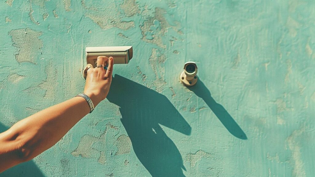 Man suspiciously pointing at operational security camera on wall to check if it is recording