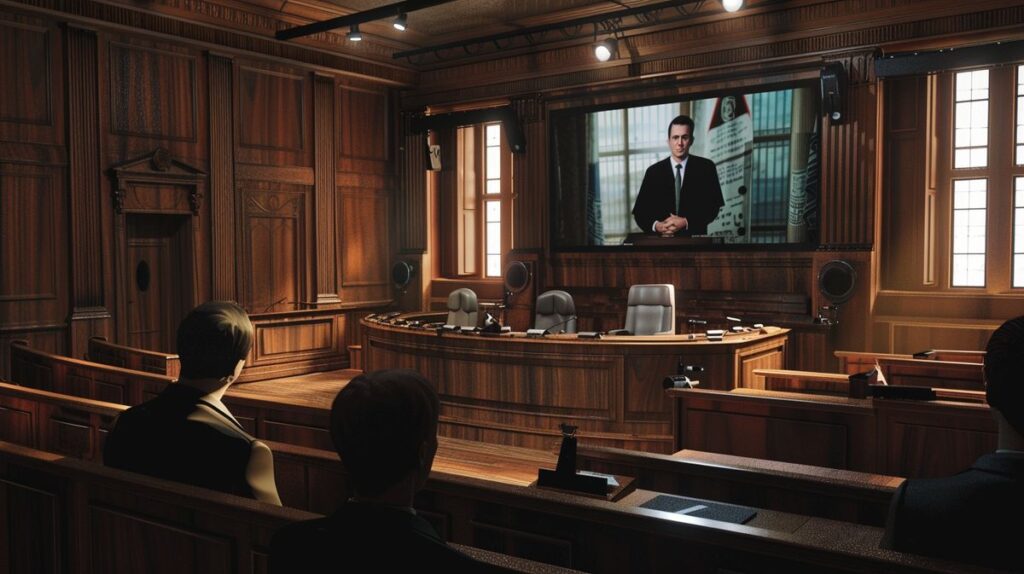 Courtroom scene with judge, lawyer, and defendant examining evidence on whether recording audio on a security camera is illegal, displayed on a courtroom screen