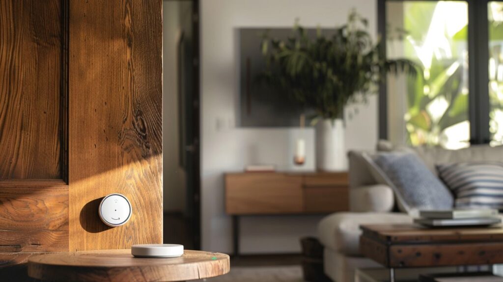 Smart home interior featuring a wooden door with a sensor and an Amazon Alexa device on a side table