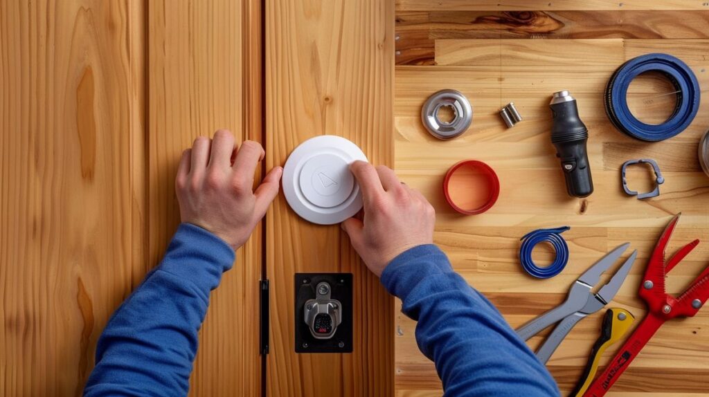 Person installing recessed door alarm sensor into wooden door, tools arranged nearby