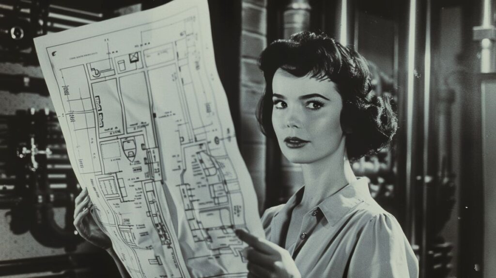 Vintage black and white photo of Martha Coston holding a blueprint, who invented the first home security system.