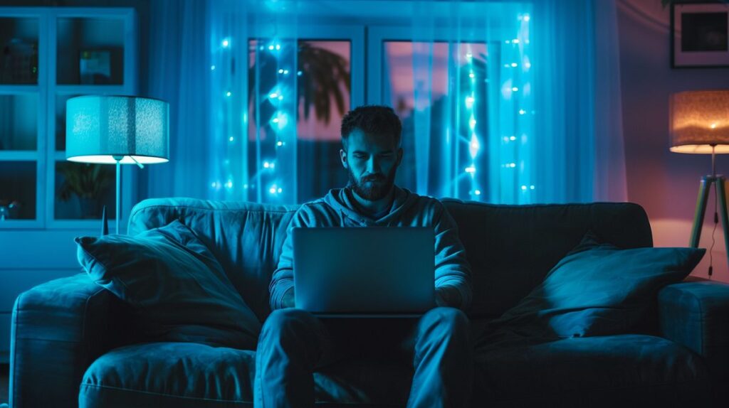 Man sitting on couch using laptop, unaware of open unsecured window behind him in home setting