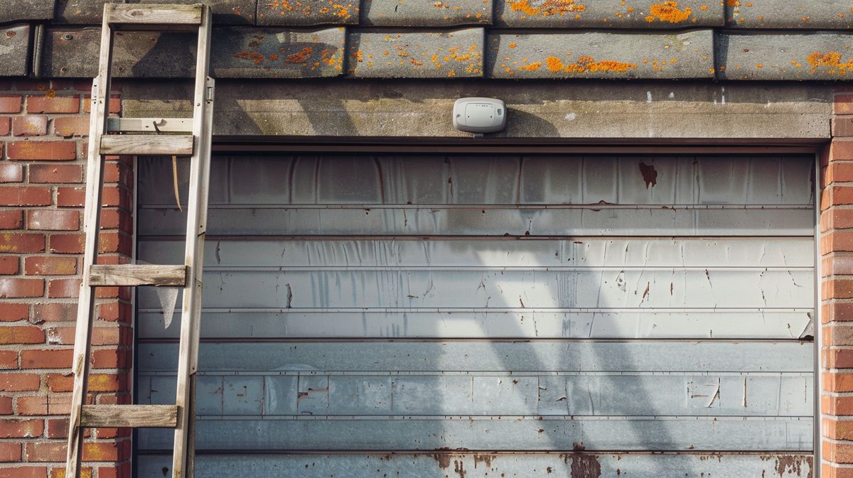 Garage Door Alarm Sensor Installation with a ladder indicating recent setup on a closed garage door