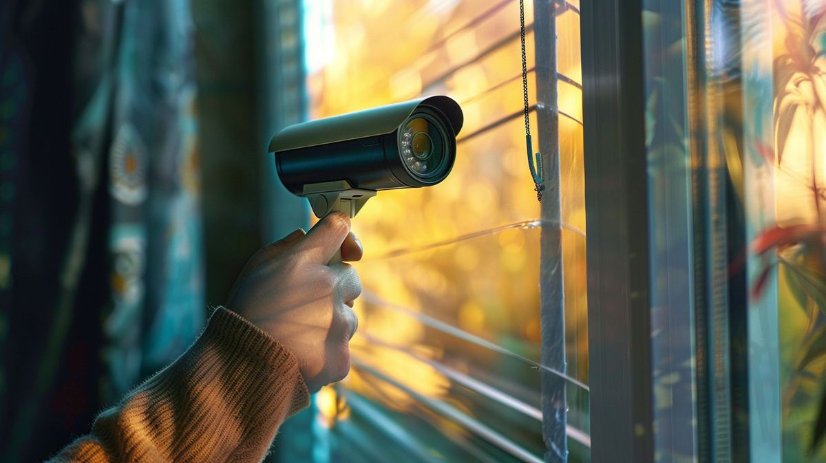 Suspicious hand installing surveillance camera at residential window, raising concerns about whether it is illegal to put a camera in someone's house without permission