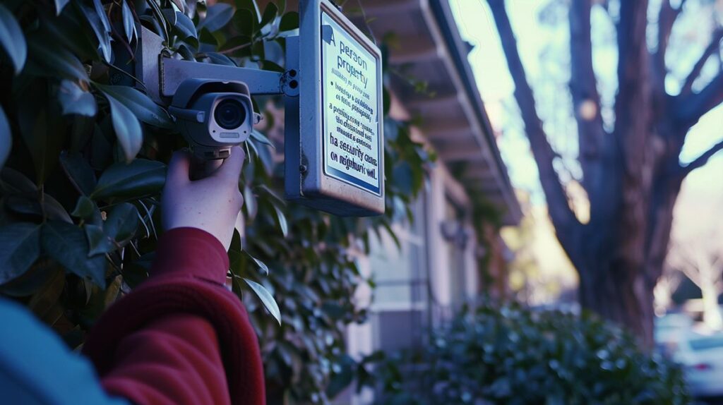 Person using privacy screen to block neighbor's security camera on property, demonstrating how to block neighbors security camera effectively