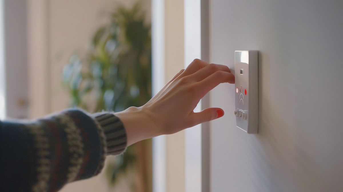 Person reaching to press a button on an ADT alarm system, demonstrating how to turn off ADT alarm