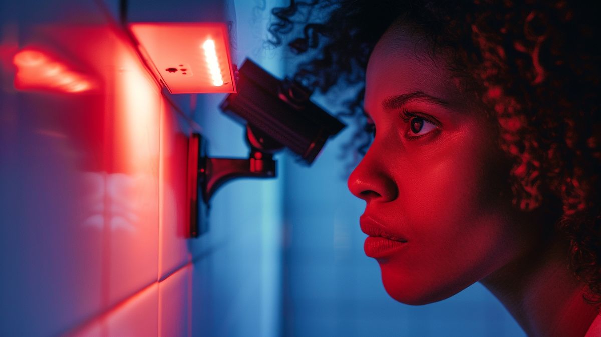 Concerned person examining a security camera with a red light to determine how to tell if a security camera is recording you