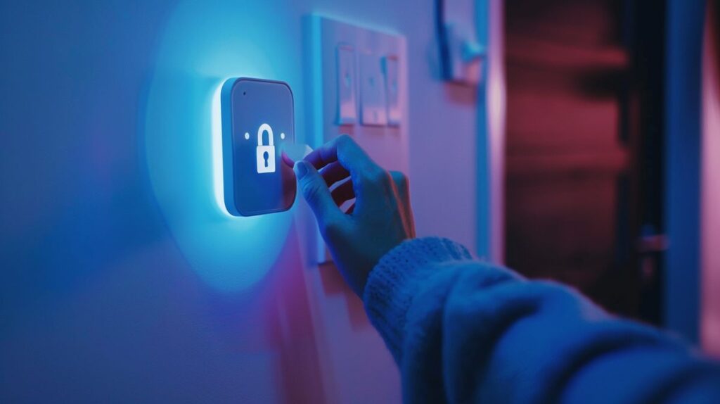 Person reaching for Ring Alarm system with unlocked padlock icon displayed