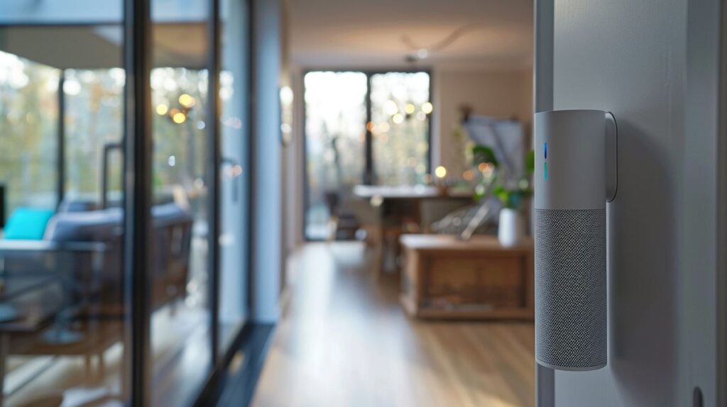 Modern home interior with open door showcasing a digital door sensor, and an Amazon Alexa device on the table in the background