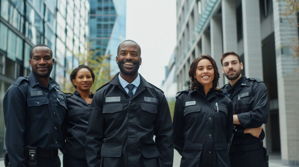 Diverse security team smiling in uniforms in front of corporate buildings, representing successful security companies