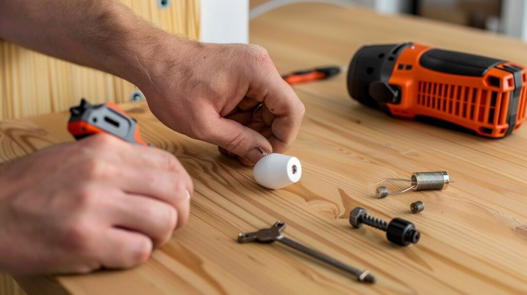 Person installing a recessed door alarm sensor into a wooden door using a screwdriver, with drill and screws on table, demonstrating how to install recessed door alarm sensor.