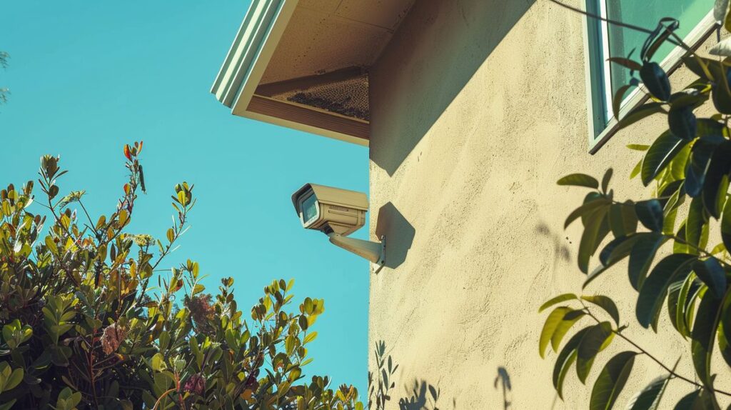 Apartment security camera laws in California depicted by a camera on sunny apartment building exterior