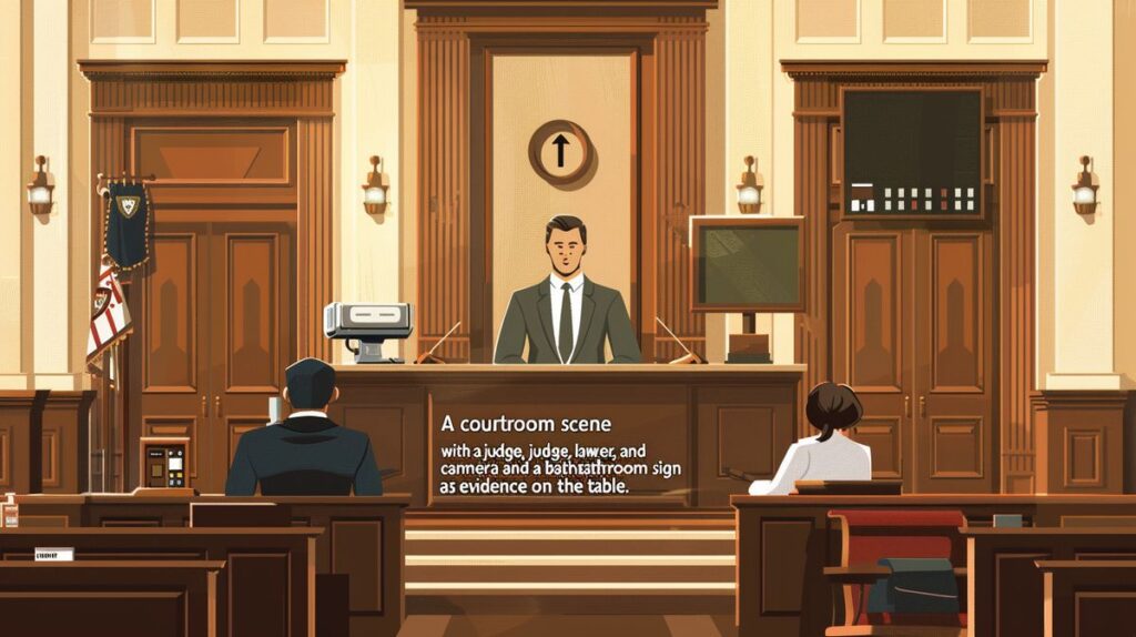 Courtroom scene depicting a judge, lawyer, and client discussing if it is illegal to have cameras in bathrooms, with a security camera and bathroom sign as evidence on table