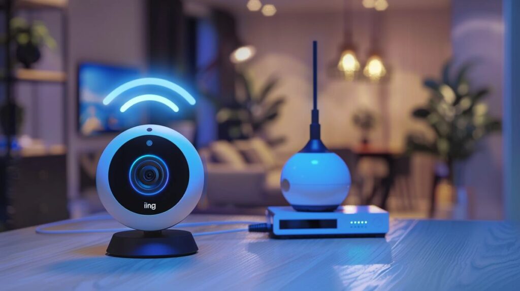 Ring security camera with blinking LED lights indicating connection issues, near an active WiFi router in a household setting, depicting Ring Camera Not Connecting to WiFi.