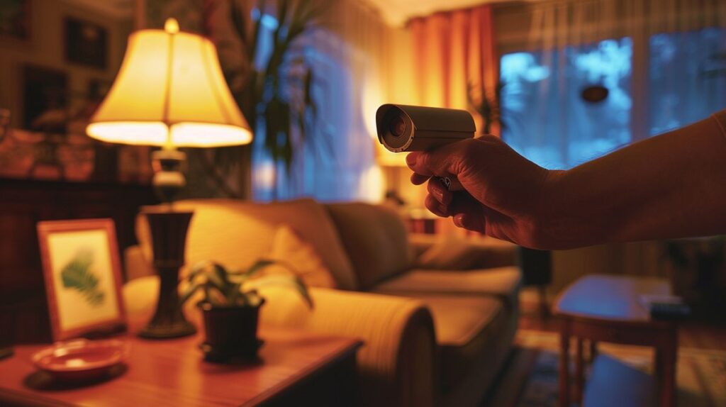 Hand secretly installing surveillance camera in living room unnoticed