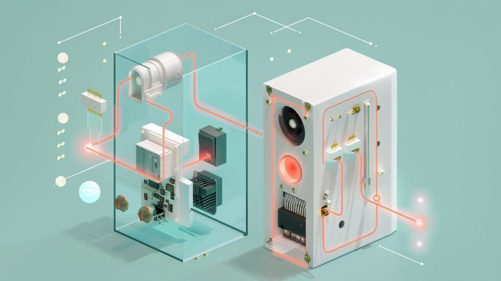 Illustration of a motion detector's internal components, featuring sensors and electronic parts on one side, and an activated LED indicator on the other side.