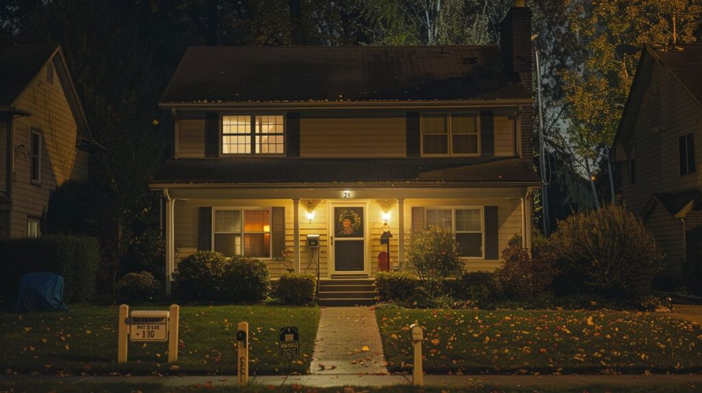 Brightly lit suburban house with security camera, keypad entry system, and yard sign with security logo