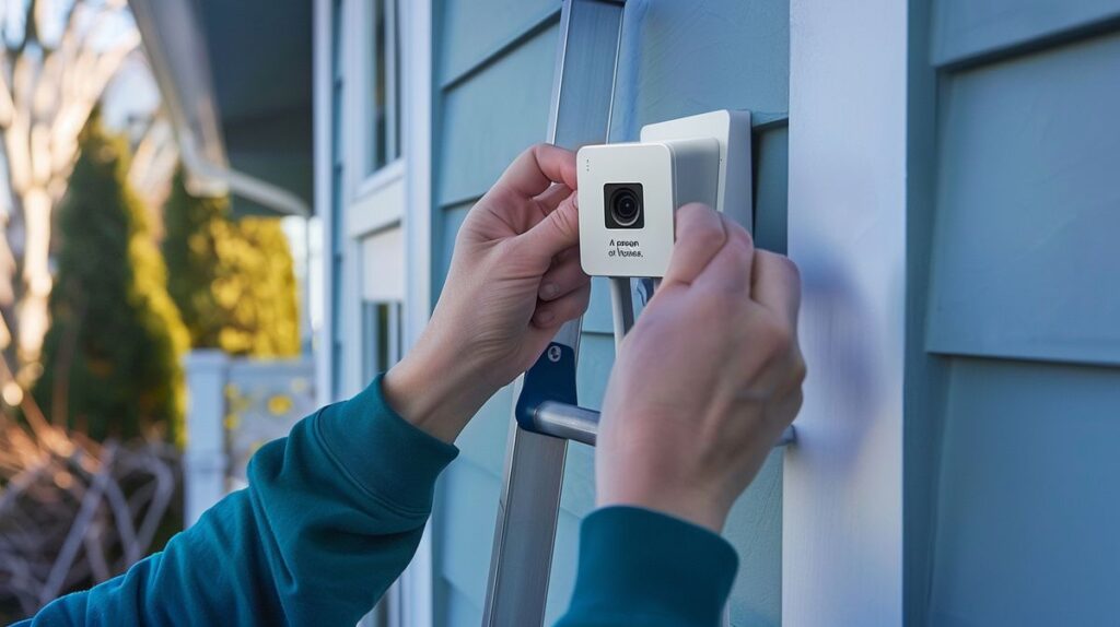 Person installing Ring Camera on house exterior wall using ladder and tools