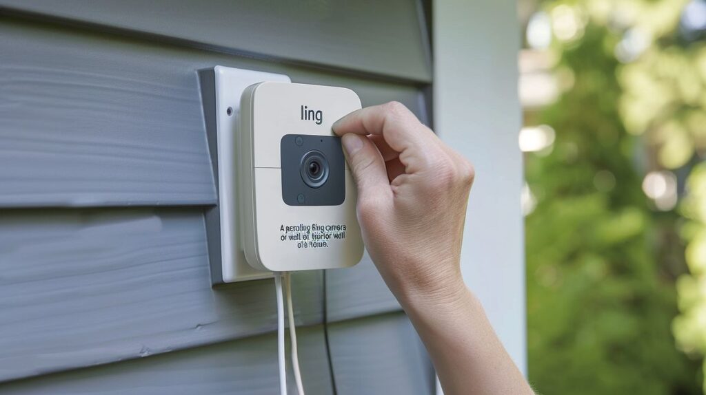 Person installing a Ring camera on a house exterior, demonstrating how to set up Ring Camera