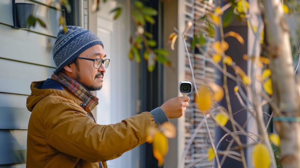 Tenant installing security camera outside rental unit as surprised landlord watches