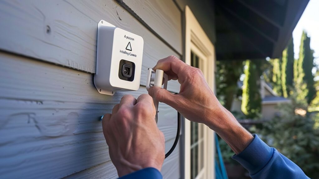 Person installing Ring Camera on house exterior using ladder and tools