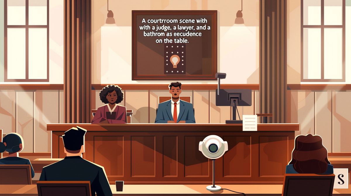 Courtroom scene discussing if it is illegal to have cameras in bathrooms, featuring a judge, lawyer, client, and evidence including a security camera and bathroom sign