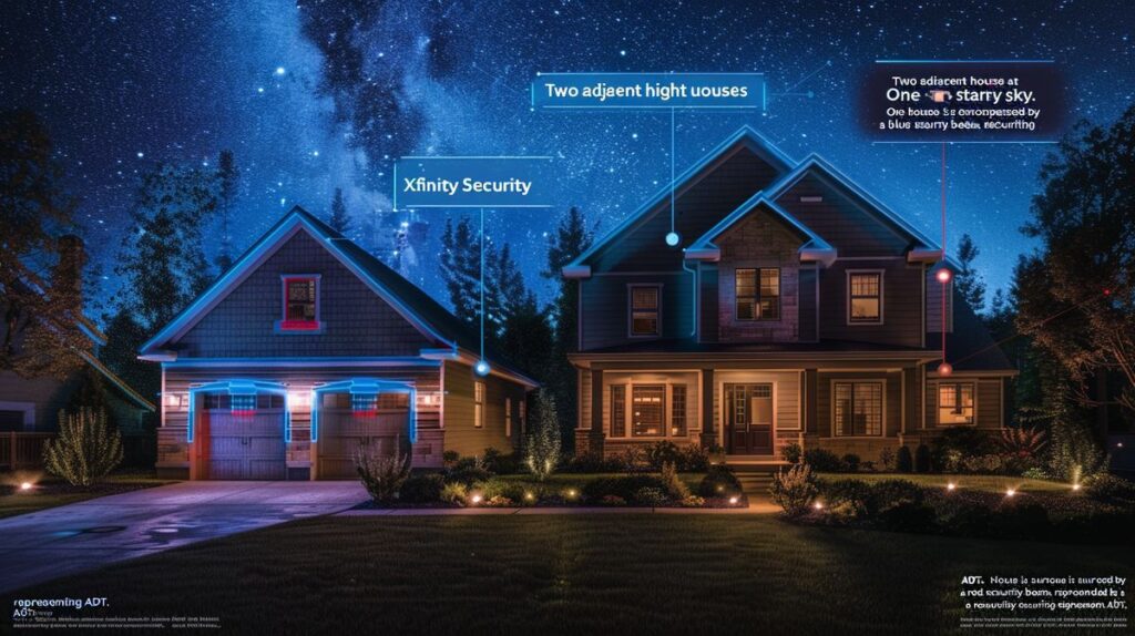 Two houses at night with starry sky, one with blue beam for Xfinity Home Security, the other with red beam for ADT Security