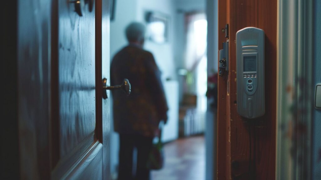 Elderly person appears confused near an open door with a door alarm system, illustrating the use of door alarms for dementia patients