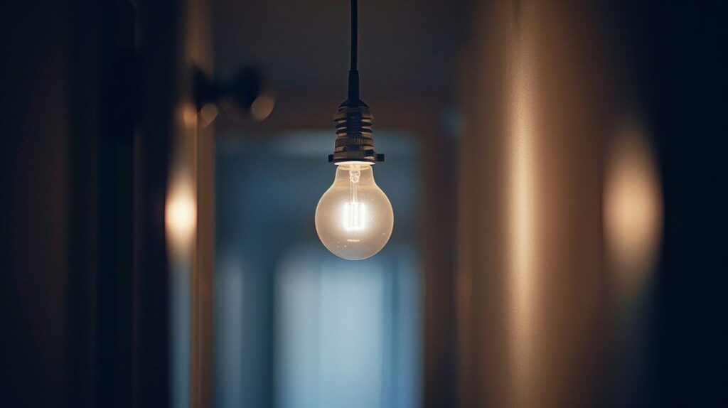 Security camera integrated into a hanging light bulb design on ceiling