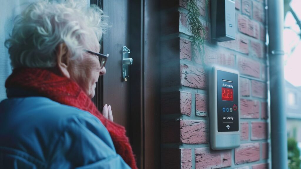 Senior citizen examining a newly installed door alarm system on a house door