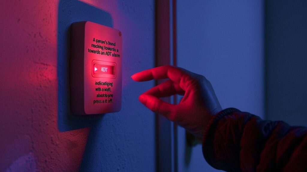 Person deactivating active ADT alarm system with red light on wall