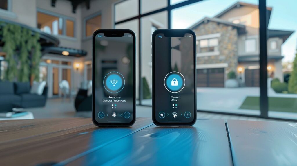 Smartphones on desk showing Ring Motion Detection and Motion Alerts icons with a residential house and security camera in the background