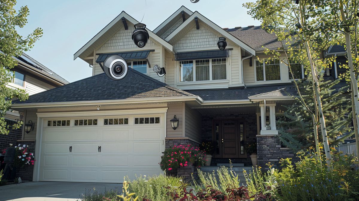 Home exterior showcasing optimal placements for security cameras, including above the front door, over the garage, and near rear windows, illustrating where to place security cameras outside home for enhanced security.