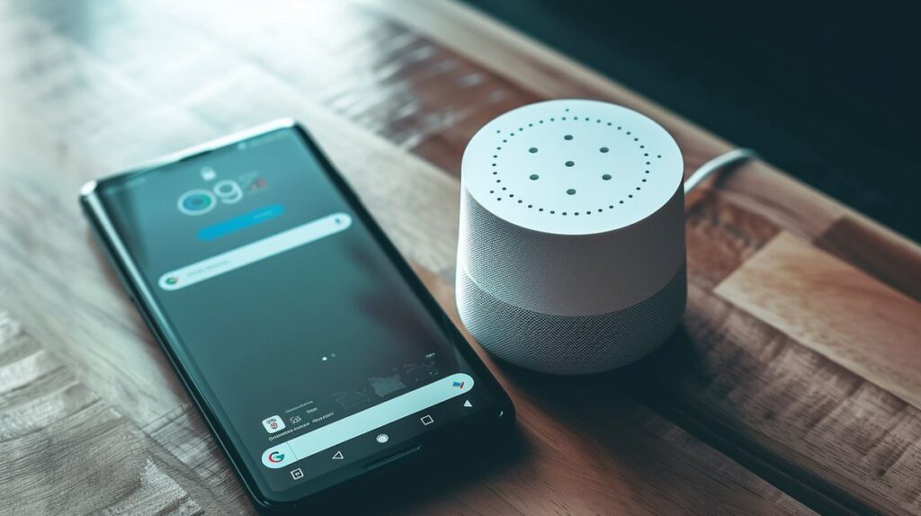 Google Home app on smartphone setting alarm via digital clock interface