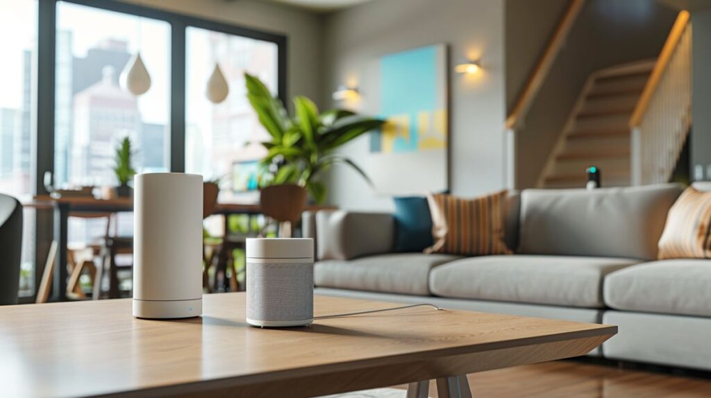 SimpliSafe home security system on a table in a modern living room, questioning Does SimpliSafe Need WiFi, with a router visible in the background